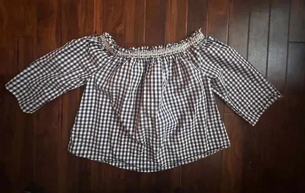 Madewell Women's Blue and White Gingham Off-the-Shoulder Smocked Top Americana